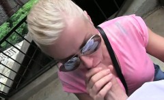Busty blone blowjob outdoor in public passage POV