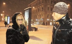 Waiting for her girlfriend in the middle of a snow-covered