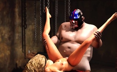 Hardcore in basement. Fat man fucks hard a sexy blonde slave
