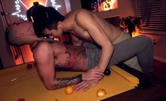 Tattooed stud assfucked by Asian at home