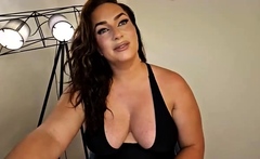 Busty curly brunette with big boobs fucks on couch